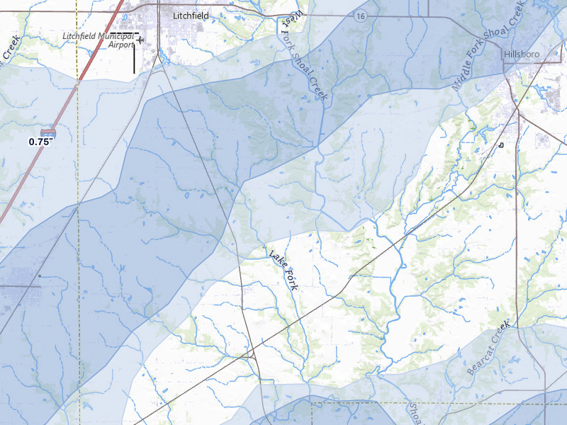 NEXRAD radar-signature map of the hail over Walshville, IL