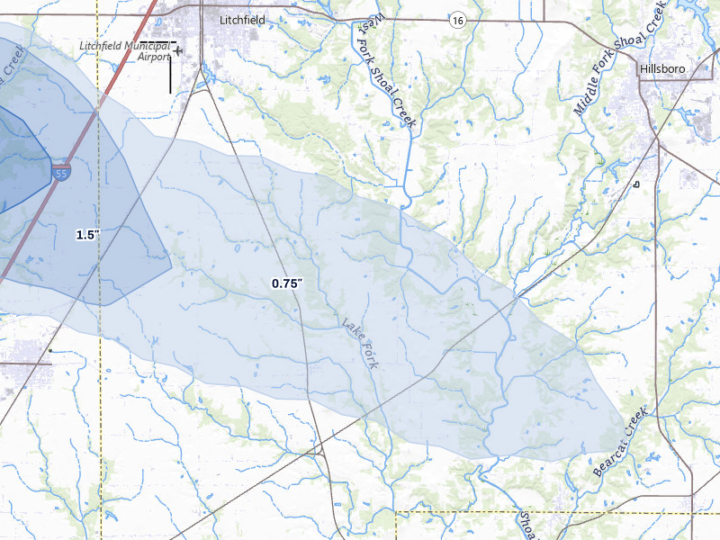 NEXRAD radar-signature map of the hail over Walshville, IL