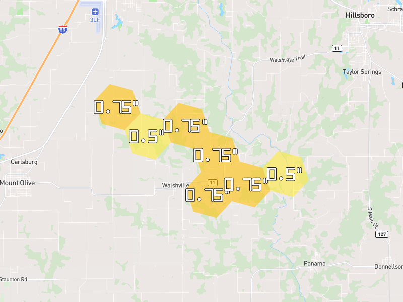 Hail map of Walshville, IL on Jul 10, 2026, hail up to 0.75"
