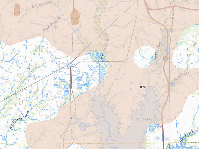 Radar-estimated hail-size map of the storm over Waltonville, IL on Apr 27, 2026