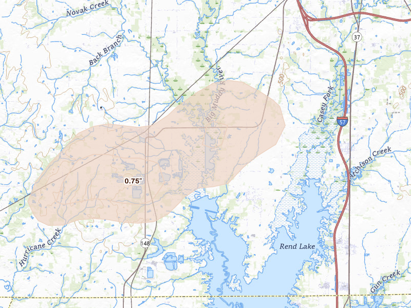 Radar-estimated hail-size map of the storm over Waltonville, IL on Jul 4, 2026