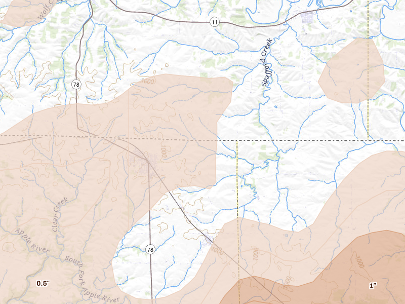 Radar-estimated hail-size map of the storm over Warren, IL on Apr 17, 2026