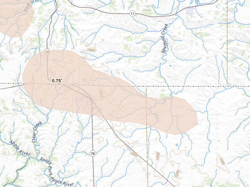 Radar-estimated hail-size map of the storm over Warren, IL on Jun 24, 2026