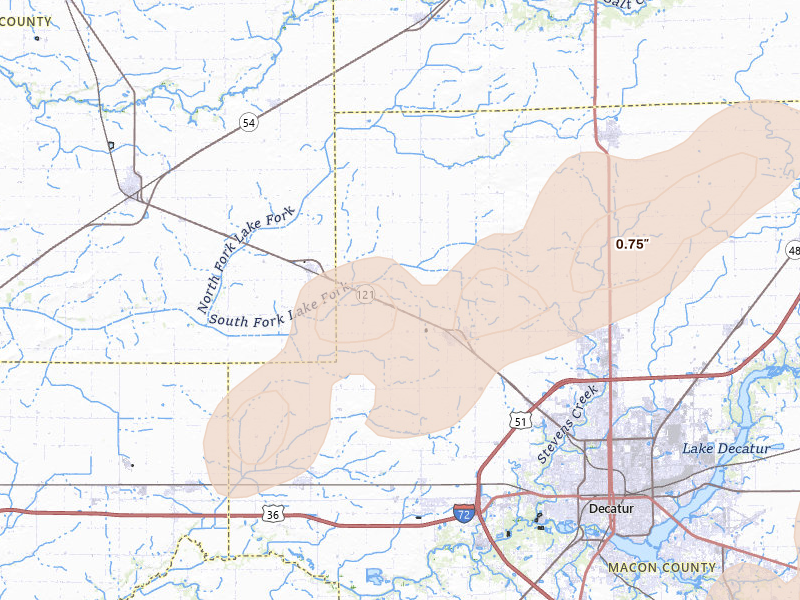 Radar-estimated hail-size map of the storm over Warrensburg, IL on Apr 27, 2026