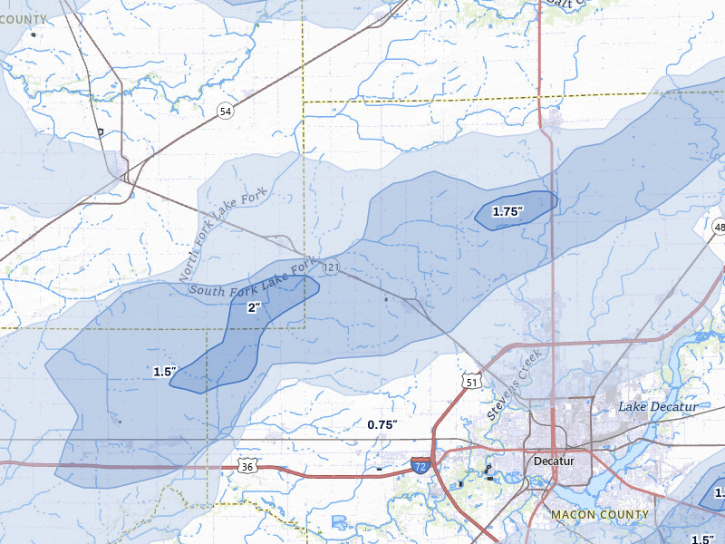 NEXRAD radar-signature map of the hail over Warrensburg, IL