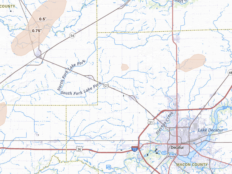 Radar-estimated hail-size map of the storm over Warrensburg, IL on Jul 4, 2026