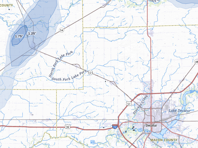 NEXRAD radar-signature map of the hail over Warrensburg, IL