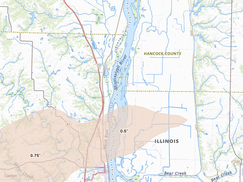 Radar-estimated hail-size map of the storm over Warsaw, IL on Mar 10, 2026