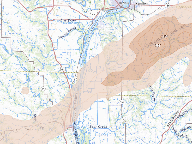 Radar-estimated hail-size map of the storm over Warsaw, IL on Apr 17, 2026