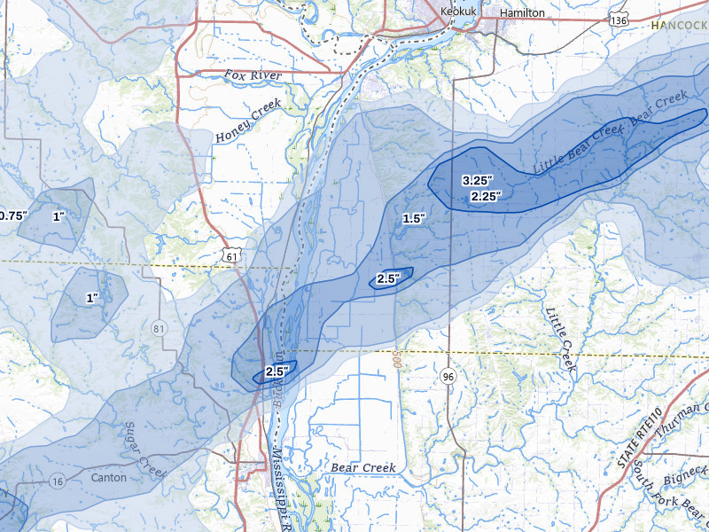 NEXRAD radar-signature map of the hail storm over Warsaw, IL on Apr 17, 2026