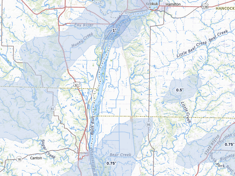 NEXRAD radar-signature map of the hail storm over Warsaw, IL on Apr 27, 2026