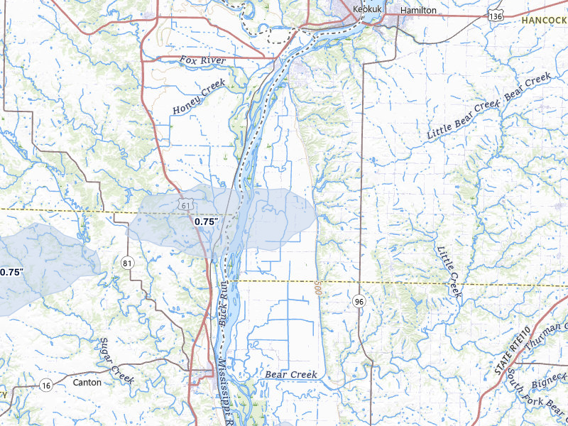 NEXRAD radar-signature map of the hail storm over Warsaw, IL on May 14, 2026
