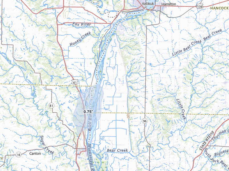 NEXRAD radar-signature map of the hail storm over Warsaw, IL on Jun 9, 2026