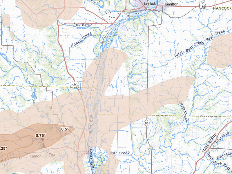 Radar-estimated hail-size map of the storm over Warsaw, IL on Jun 10, 2026