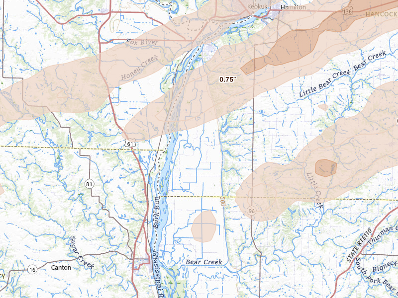 Radar-estimated hail-size map of the storm over Warsaw, IL on Jun 11, 2026