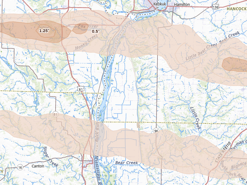 Radar-estimated hail-size map of the storm over Warsaw, IL on Jun 17, 2026