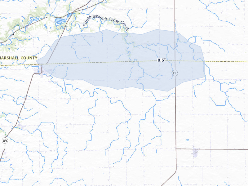 NEXRAD radar-signature map of the hail over Washburn, IL