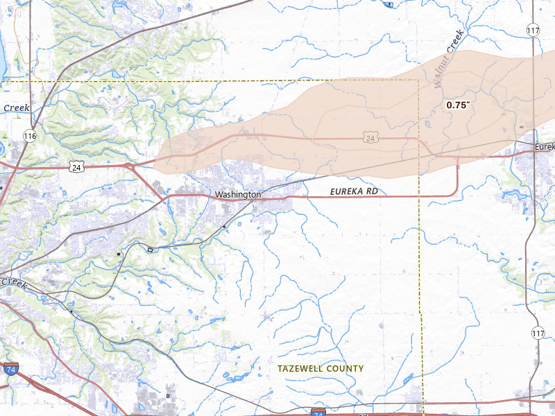 Radar-estimated hail-size map of the storm over Washington, IL on Mar 31, 2026