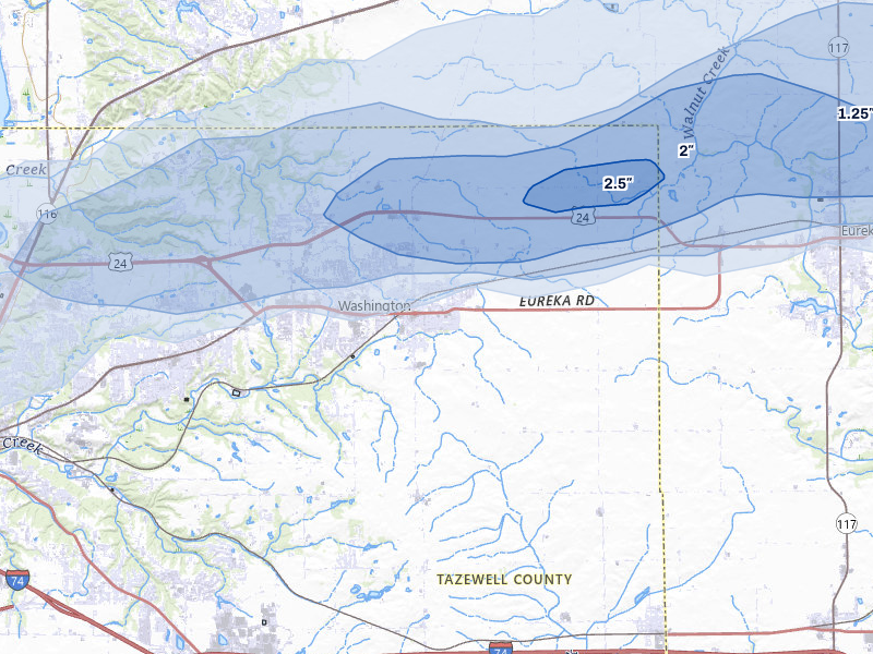 NEXRAD radar-signature map of the hail over Washington, IL