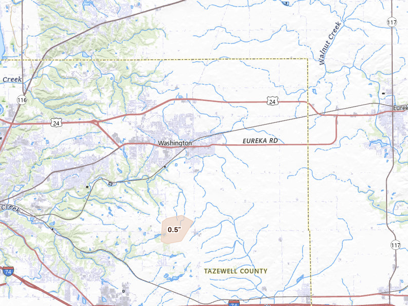 Radar-estimated hail-size map of the storm over Washington, IL on Jun 9, 2026