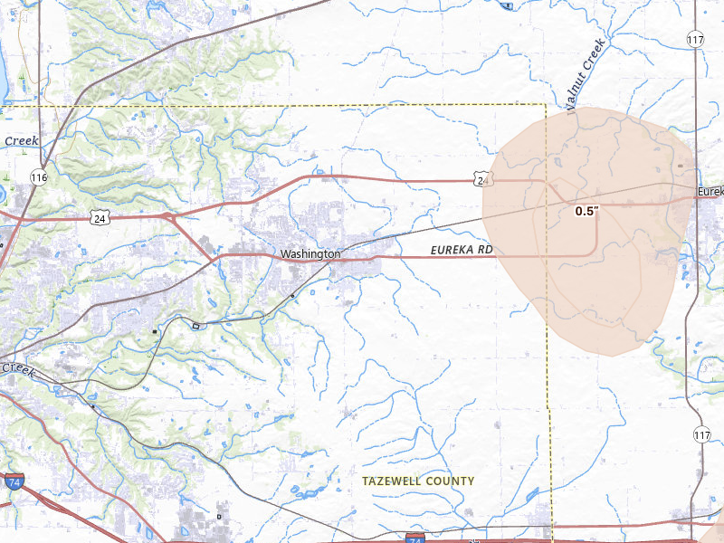 Radar-estimated hail-size map of the storm over Washington, IL on Jul 4, 2026
