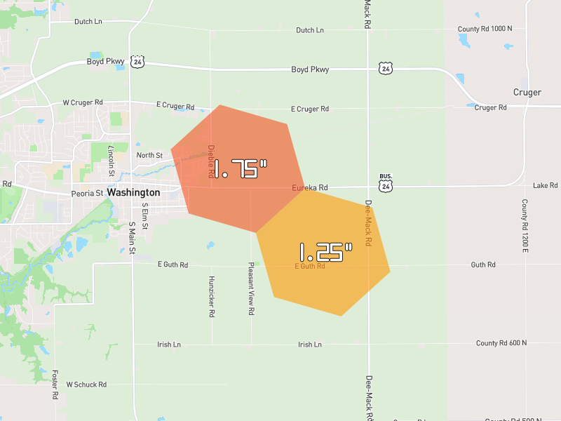 Hail map of Washington, IL on Jul 4, 2026, hail up to 1.75"