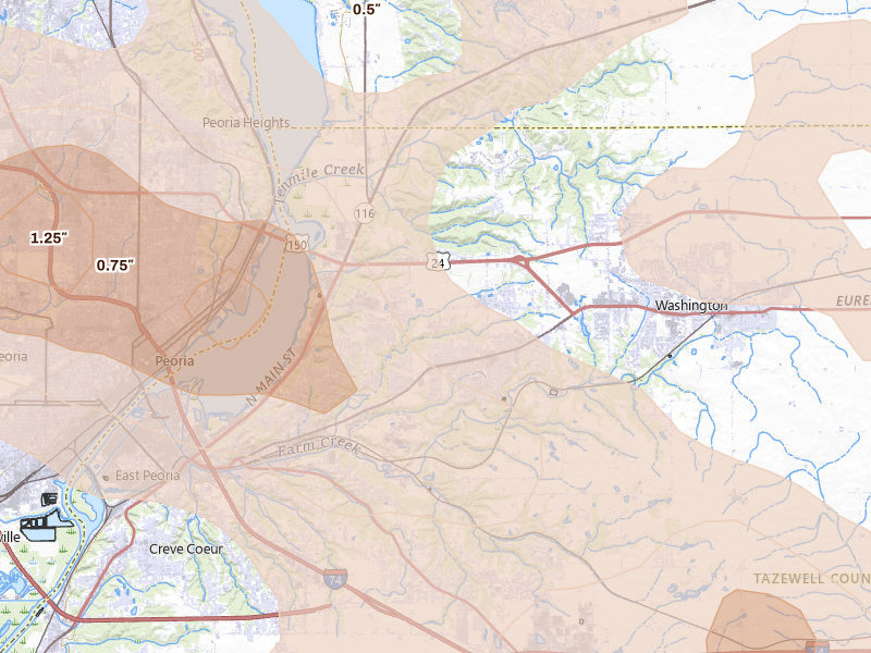 Radar-estimated hail-size map of the storm over Washington, IL on Aug 13, 2026