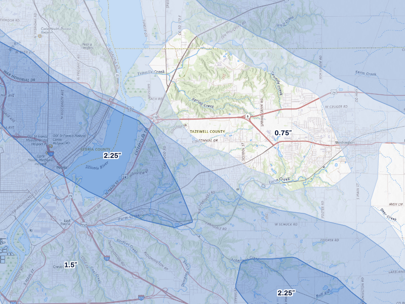 NEXRAD radar-signature map of the hail storm over Washington, IL on Aug 13, 2026