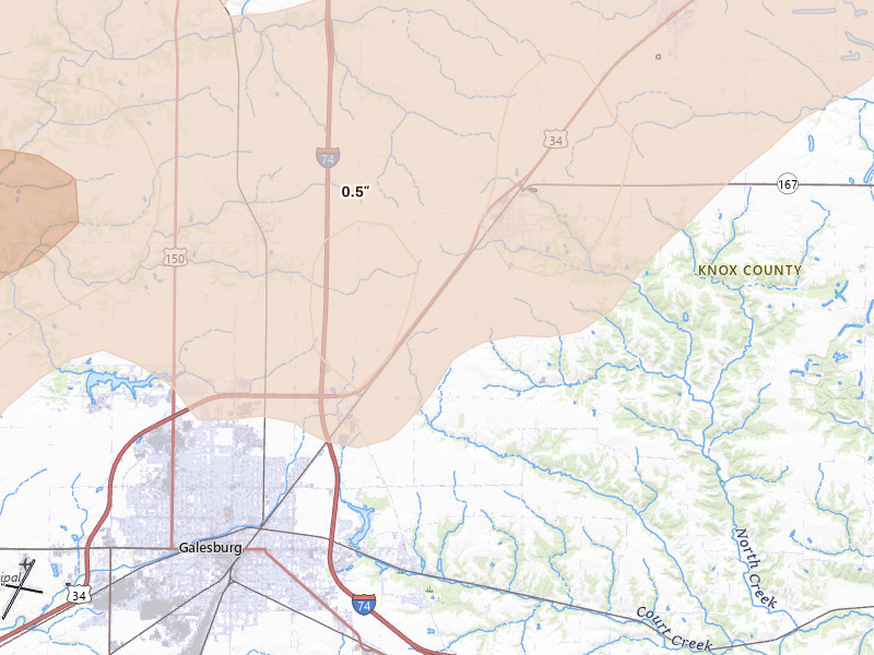 Radar-estimated hail-size map of the storm over Wataga, IL on Jun 11, 2026