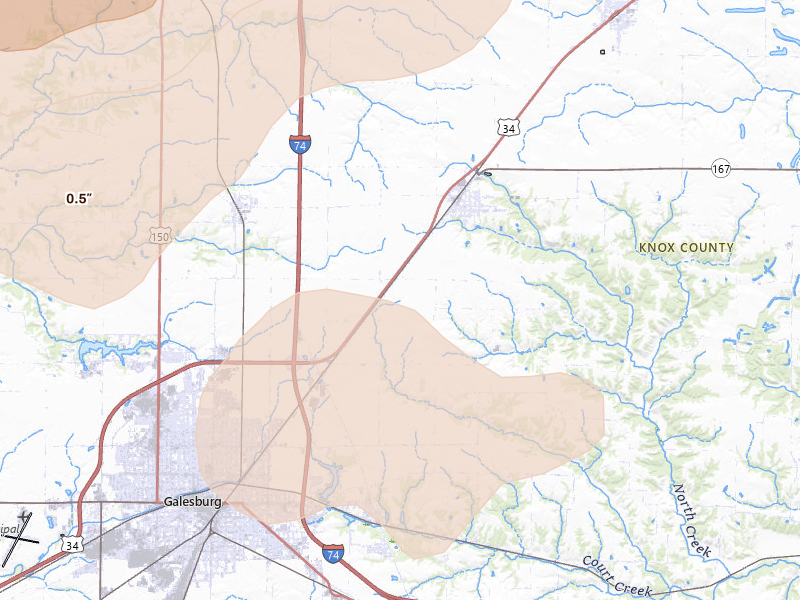 Radar-estimated hail-size map of the storm over Wataga, IL on Aug 12, 2026