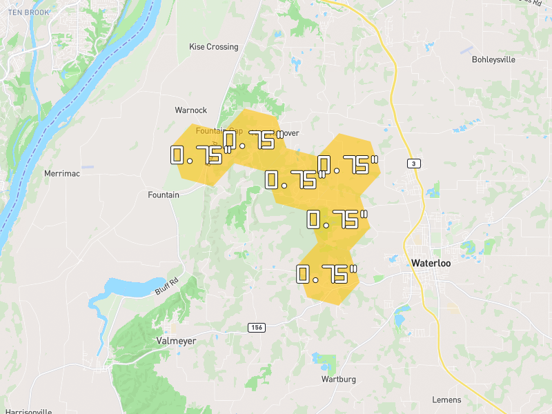 Hail map of Waterloo, IL on Jul 3, 2026, hail up to 0.75"