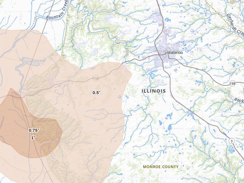 Radar-estimated hail-size map of the storm over Waterloo, IL on Aug 16, 2026
