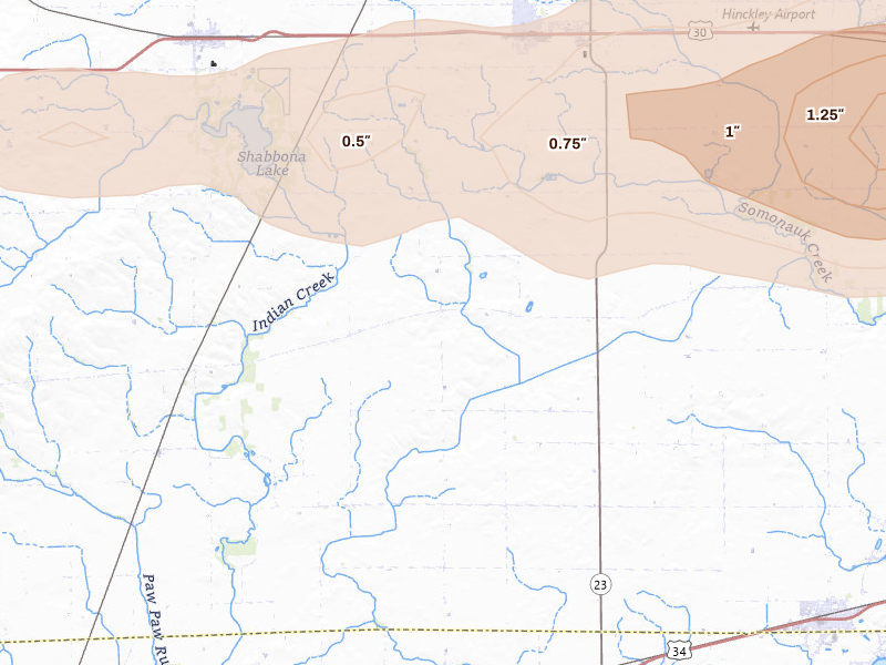 Radar-estimated hail-size map of the storm over Waterman, IL on Mar 30, 2026