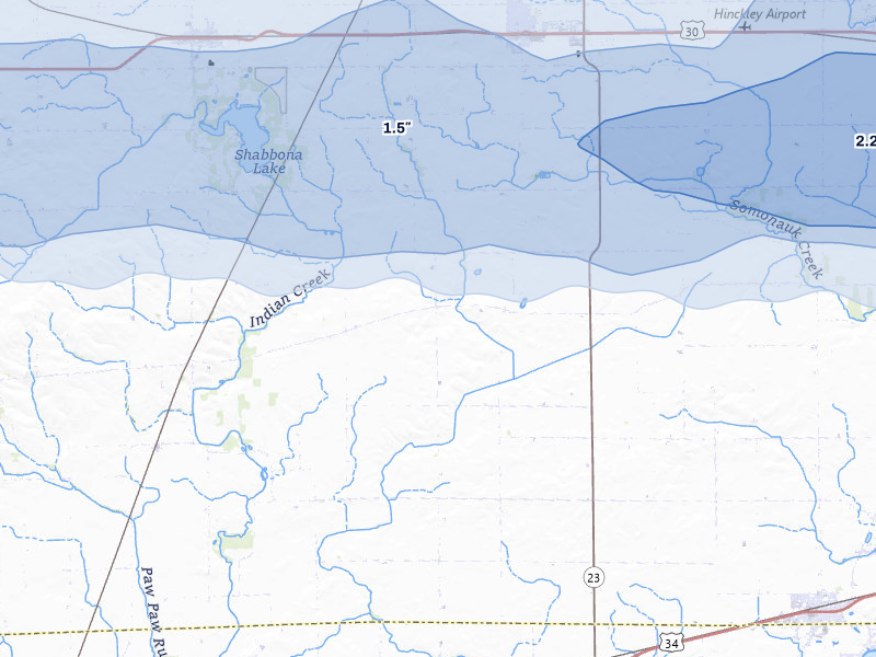 NEXRAD radar-signature map of the hail storm over Waterman, IL on Mar 30, 2026
