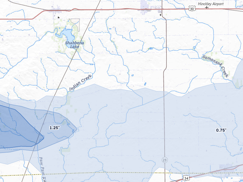 NEXRAD radar-signature map of the hail over Waterman, IL