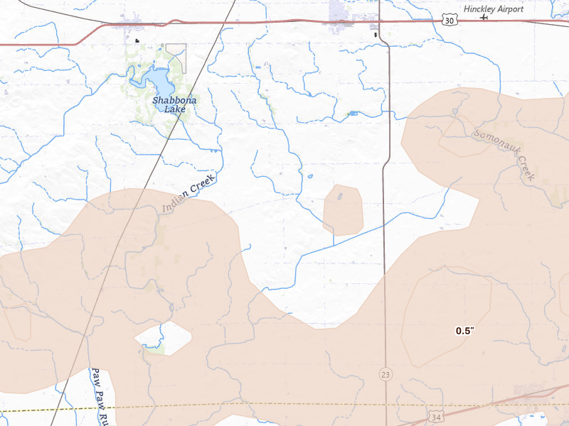 Radar-estimated hail-size map of the storm over Waterman, IL on Jul 2, 2026