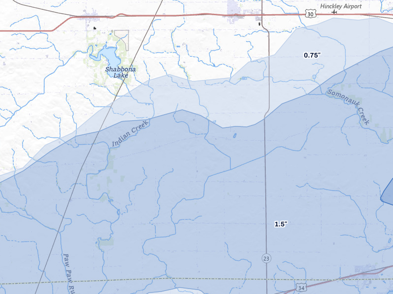 NEXRAD radar-signature map of the hail over Waterman, IL