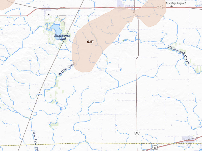 Radar-estimated hail-size map of the storm over Waterman, IL on Jul 3, 2026