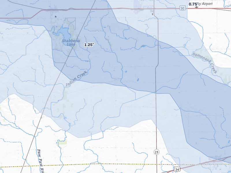 NEXRAD radar-signature map of the hail storm over Waterman, IL on Jul 3, 2026