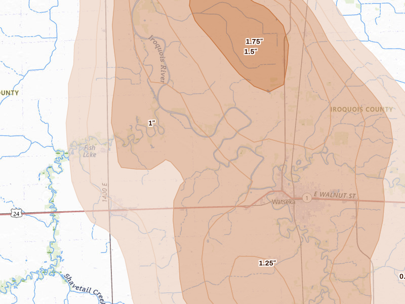 Radar-estimated hail-size map of the storm over Watseka, IL on Jul 27, 2026