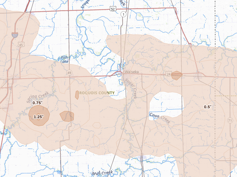 Radar-estimated hail-size map of the storm over Watseka, IL on Aug 9, 2026