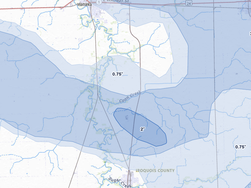 NEXRAD radar-signature map of the hail storm over Watseka, IL on Aug 9, 2026