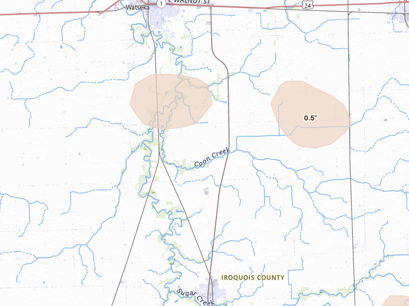 Radar-estimated hail-size map of the storm over Watseka, IL on Aug 11, 2026