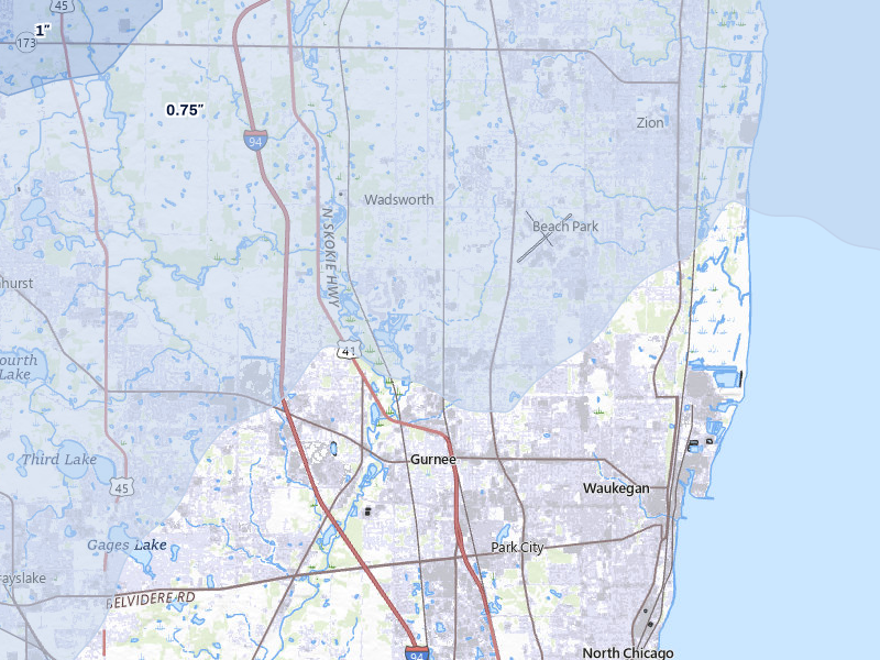 NEXRAD radar-signature map of the hail over Waukegan, IL