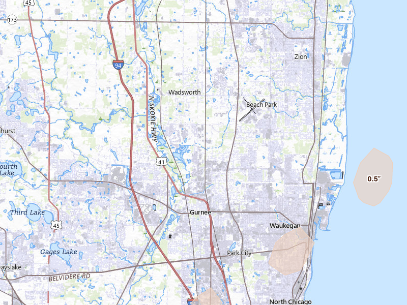 Radar-estimated hail-size map of the storm over Waukegan, IL on May 15, 2026