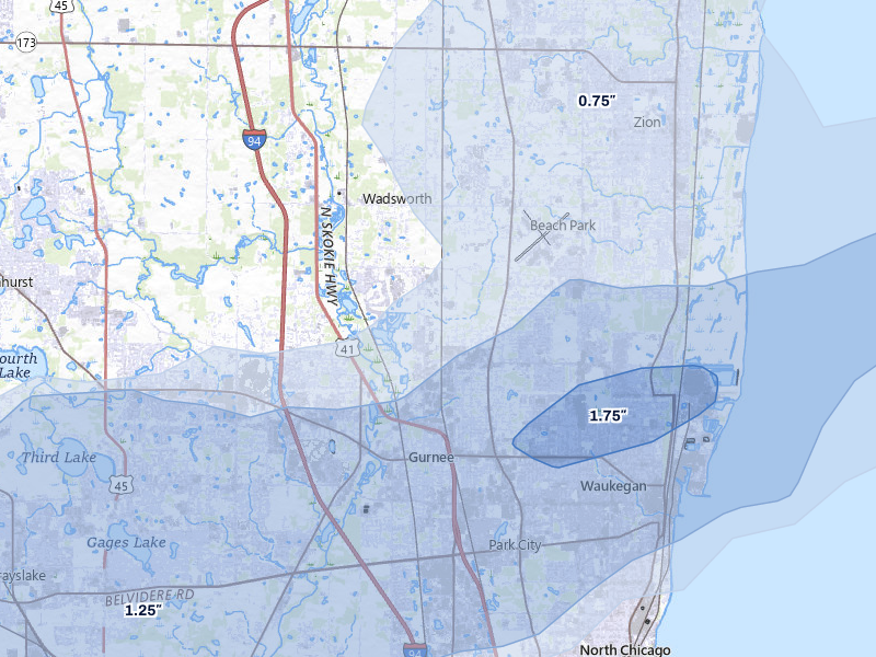 NEXRAD radar-signature map of the hail storm over Waukegan, IL on May 15, 2026