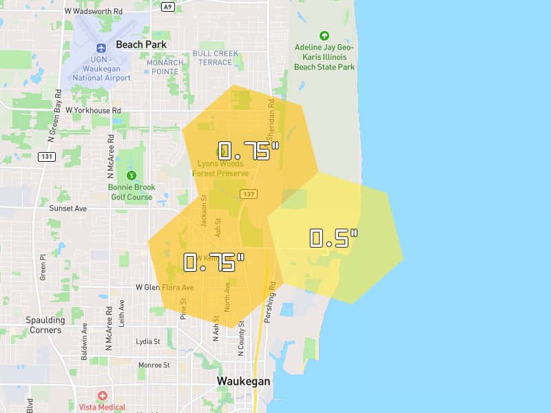 Hail map of Waukegan, IL on Jul 4, 2026, hail up to 0.75"