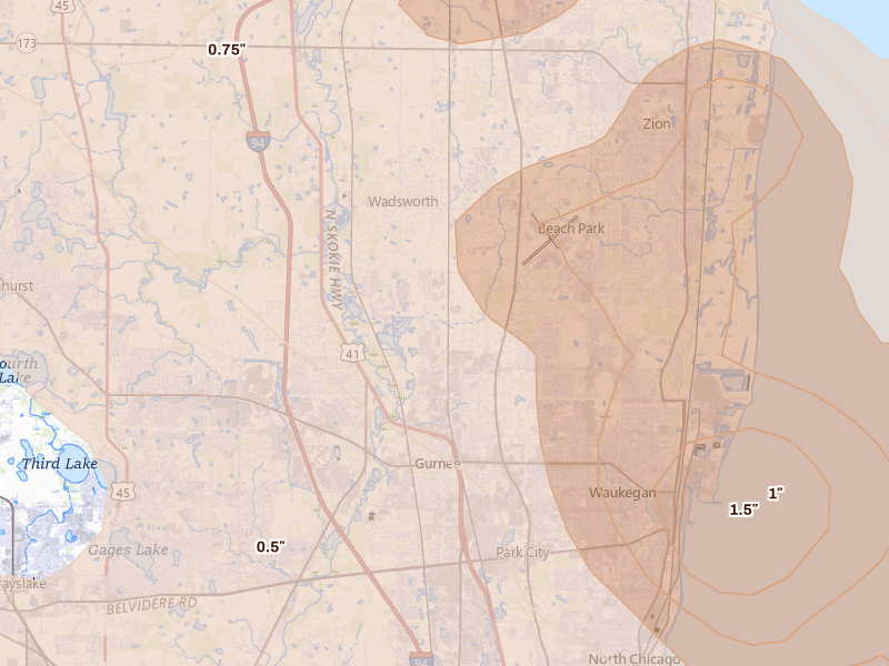 Radar-estimated hail-size map of the storm over Waukegan, IL on Jul 27, 2026