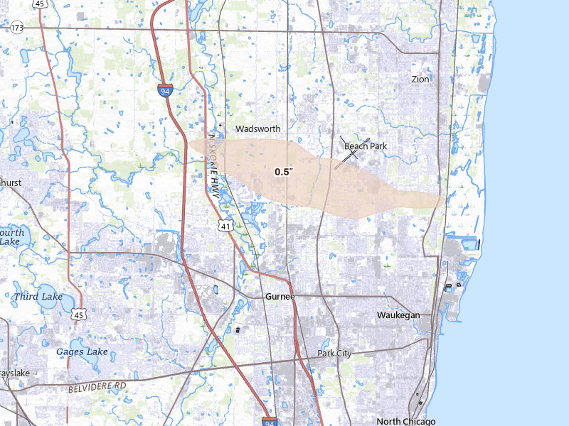 Radar-estimated hail-size map of the storm over Waukegan, IL