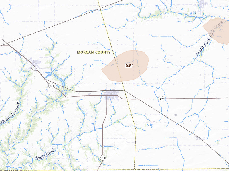 Radar-estimated hail-size map of the storm over Waverly, IL on Mar 10, 2026